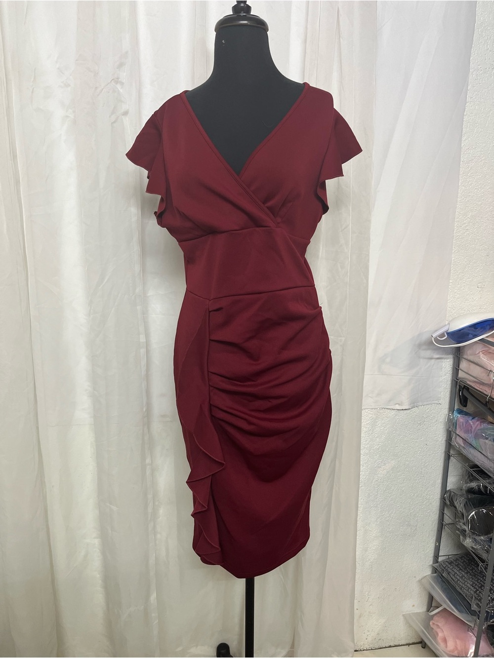 SHEIN Burgundy Ruffle Ruched Midi Dress